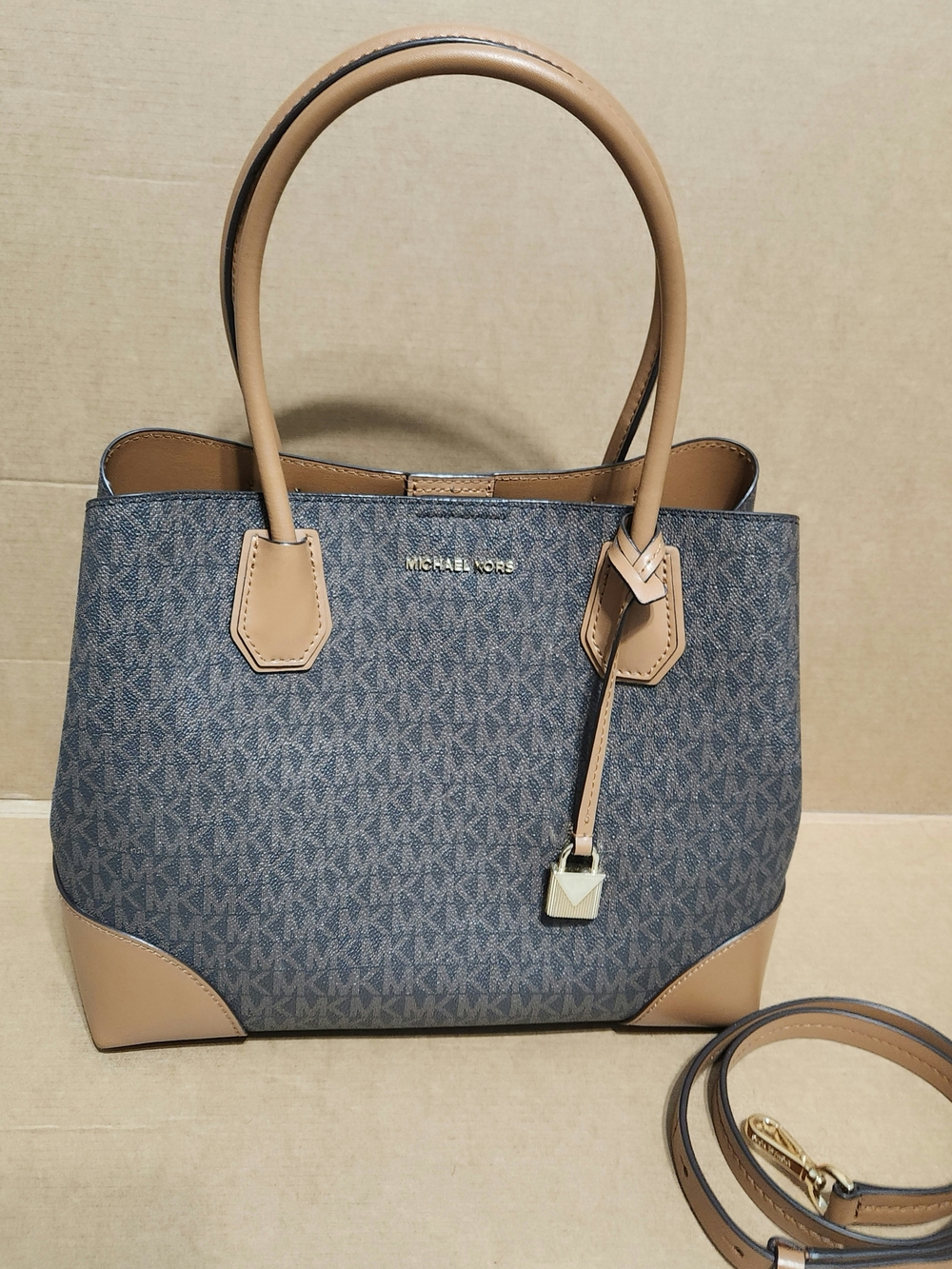 Michael Kors Brown Monogram Tote Bag with Tan Trim & Wallet